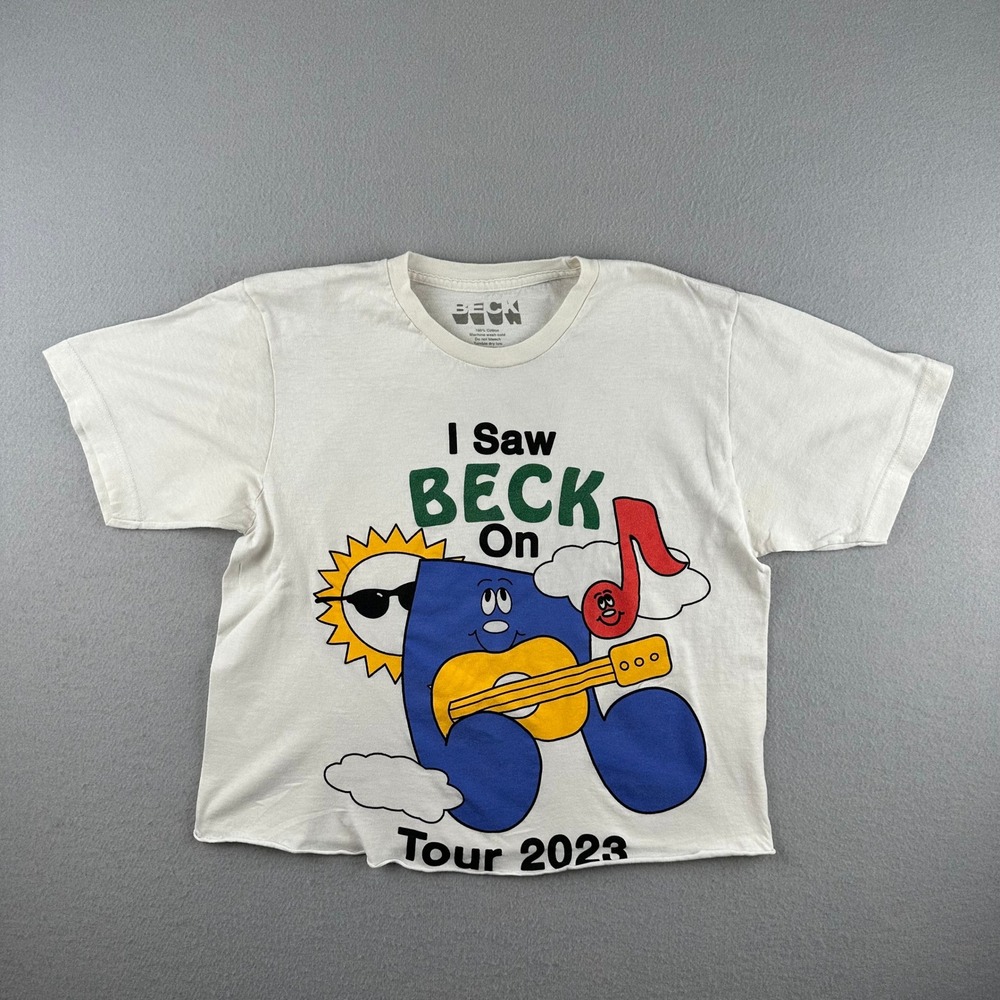 Beck‎ Tour 2023 Graphic T-Shirt Unisex Medium White Cropped Raw Hem Cartoon Note